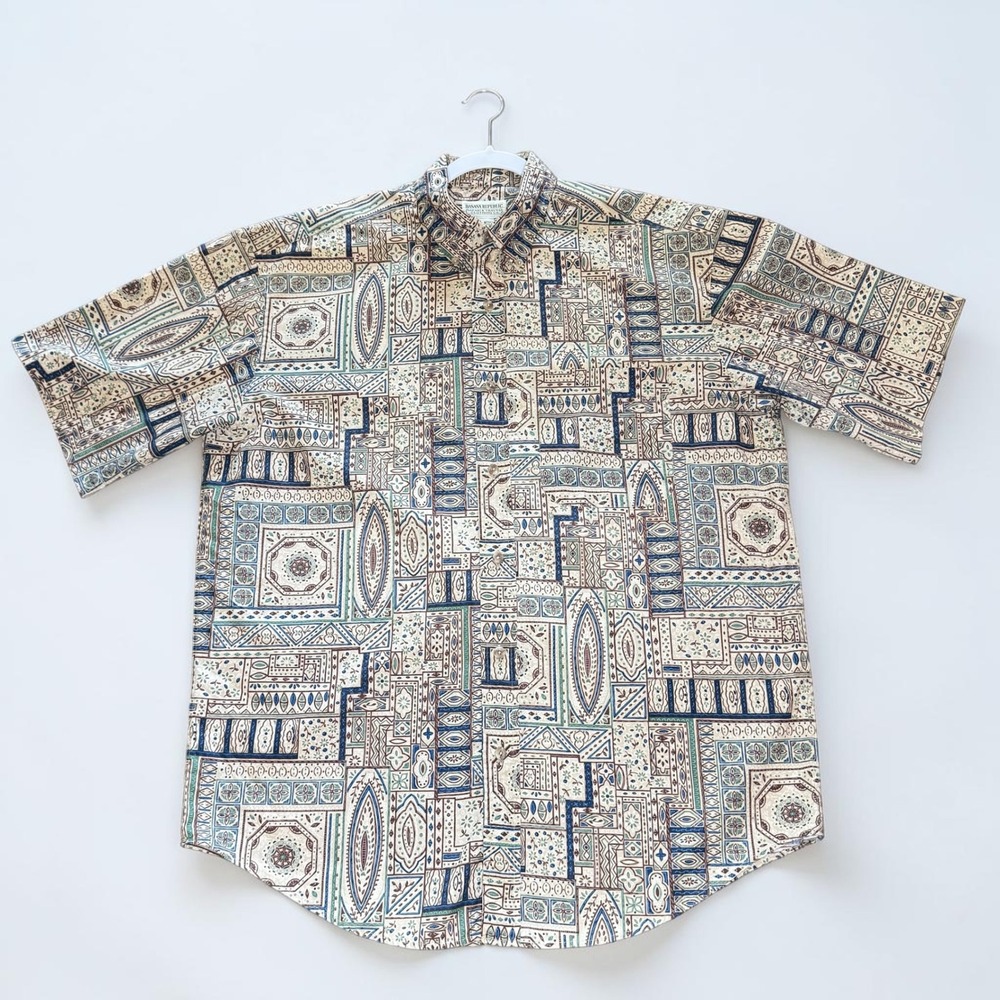 Vintage Banana Republic Safari & Travel Cotton Geometric Print Shirt Mens Large